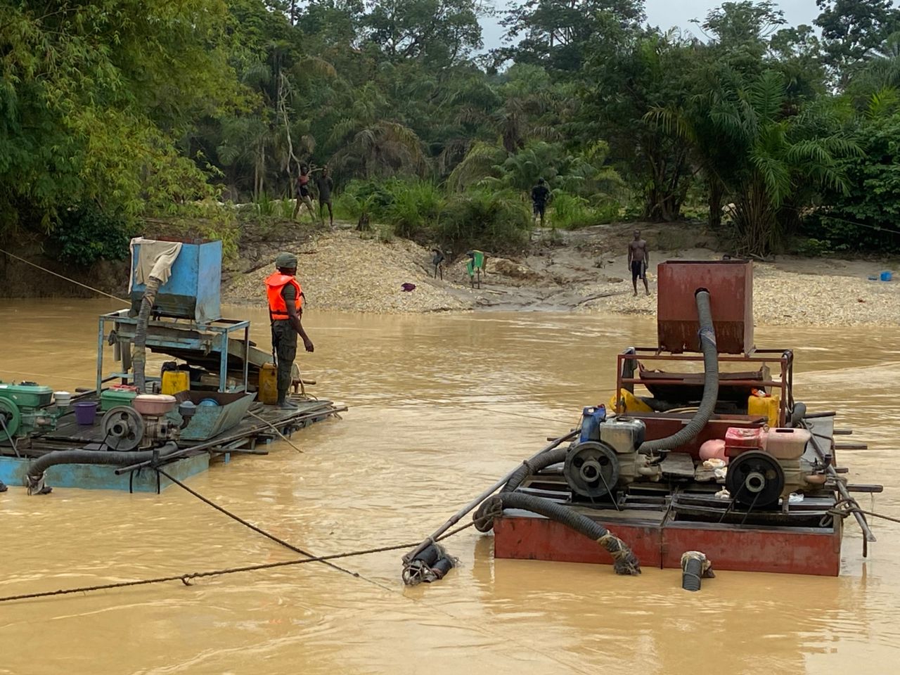 Galamsey Fight: Blue Water Guards Destroy 8 Chanfang Machines, Seize 8 Pumping Machines Near The Ankobra River