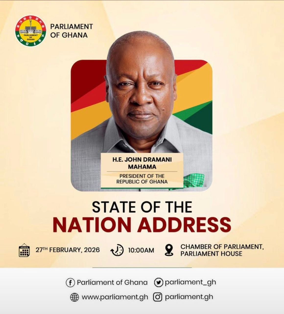 Mahama to deliver 2026 SONA on February 27
