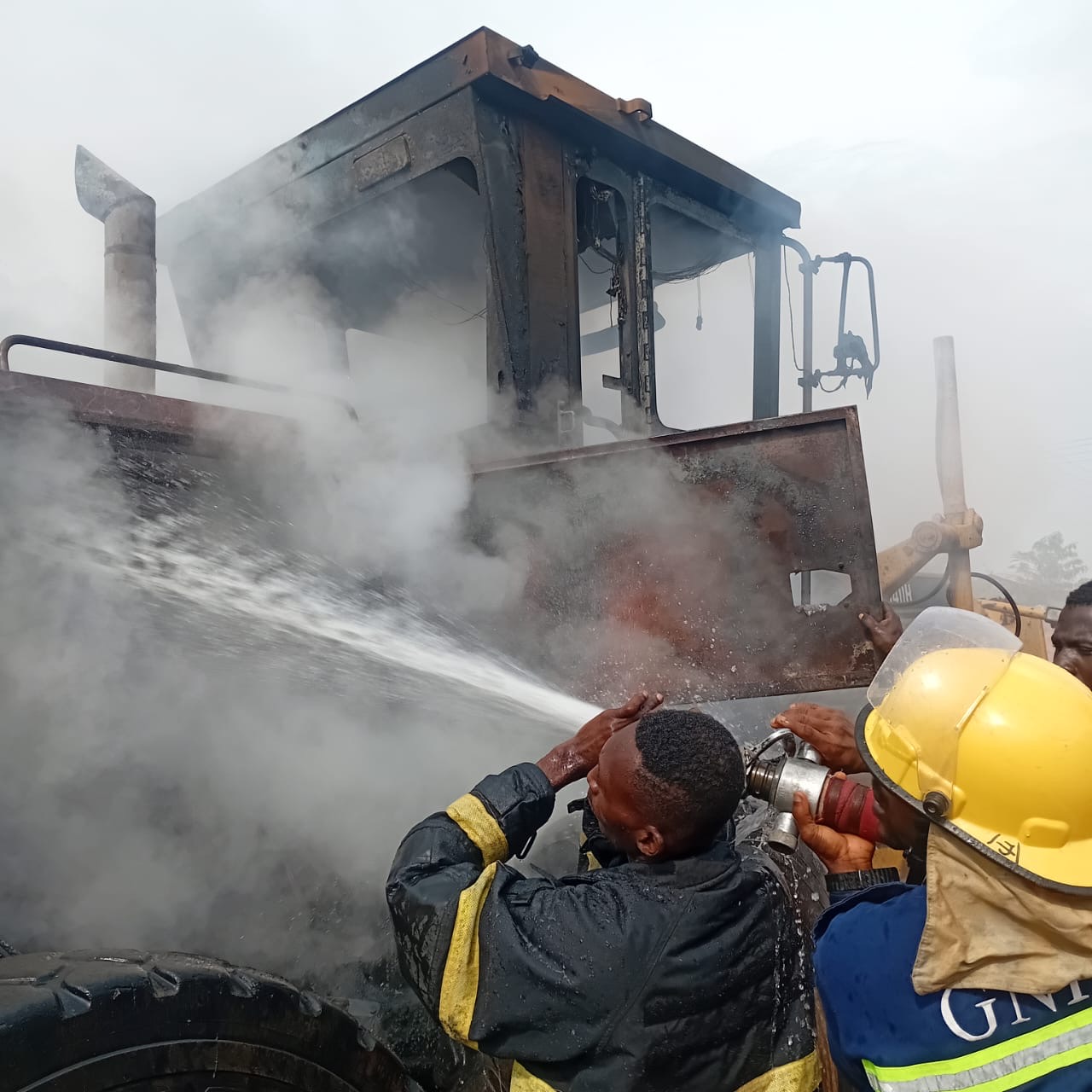 Fire damages excavator during road works at Ajumako Amia